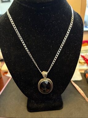 Large 925 Silver Faceted Hematite Oval Pendant And 925 Sterling Silver Chain